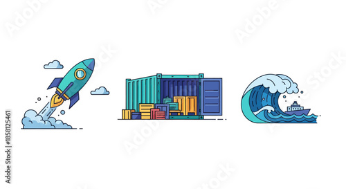Rocket Launch Shipping Containers and Crashing Wave Illustration.