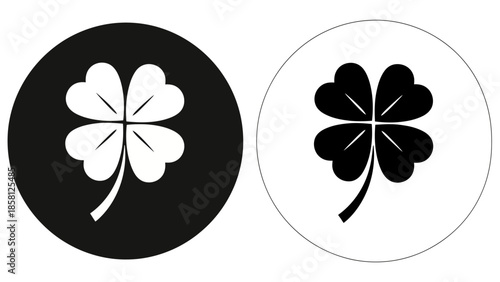 Two circular icons featuring a four-leaf clover, one in black with a white clover, and the other in white with a black clover.
