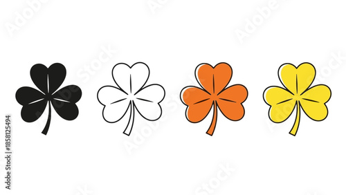 Four stylized shamrocks in black, outline, orange, and yellow against a white background.