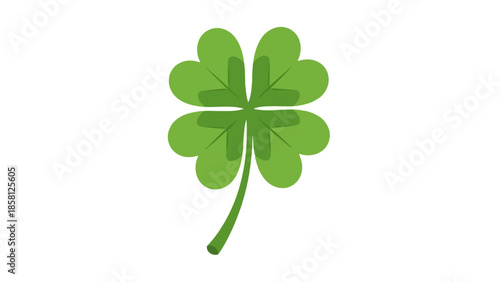 A vibrant green four-leaf clover with a stem against a white background, symbolizing luck and nature.