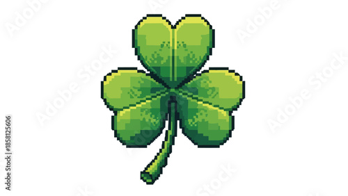 A pixel art illustration of a vibrant green shamrock with detailed shading.