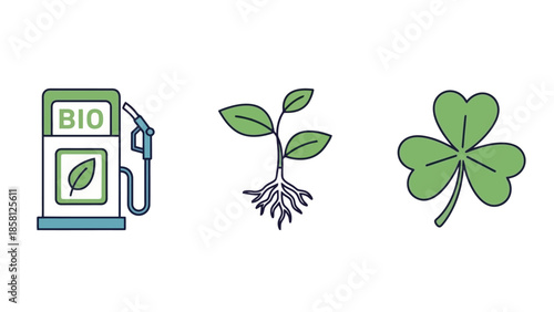 Three icons representing bio-fuel, a seedling, and a shamrock, symbolizing sustainability and green energy.