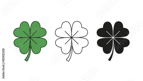 Three stylized four-leaf clovers in green, outline, and black, representing luck and nature.