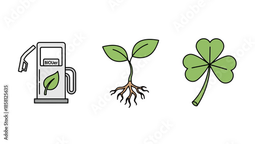 A collection of three icons representing eco-friendly concepts: a biofuel pump, a growing seedling with roots, and a shamrock leaf.