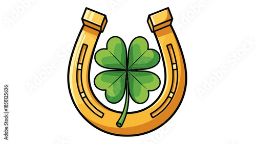 A golden horseshoe is shown with a vibrant green four-leaf clover nestled inside, symbolizing good luck and fortune.