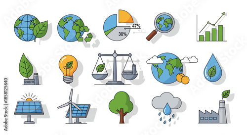 Collection of Hand-Drawn Icons Representing Environmental Sustainability and Ecology.