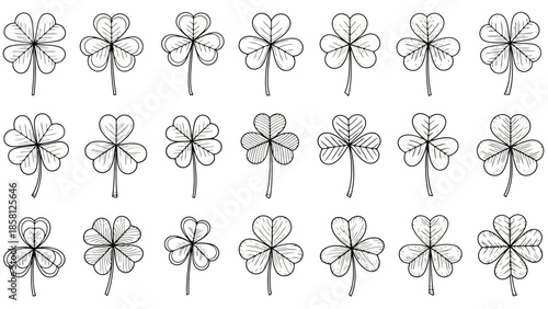 Black and white illustration of various clover and shamrock leaf designs, detailed and artistic.