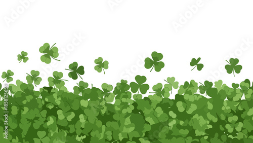 A vibrant green clover field with scattered shamrocks floating in the air against a white background, evoking a sense of luck and springtime.