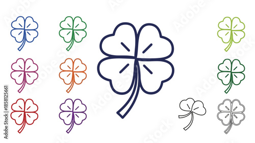A collection of colorful four-leaf clover icons, symbolizing luck and good fortune, presented on a white background.