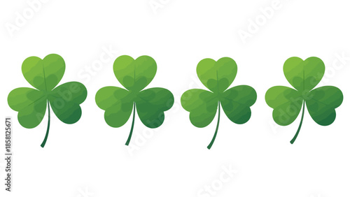 Four green shamrocks arranged horizontally, each with three heart-shaped leaves and a stem.