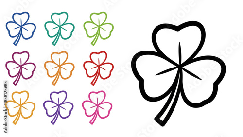 A collection of colorful shamrock illustrations and a large black and white shamrock outline.