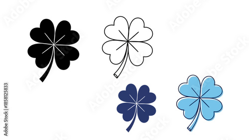 Four different styles of four-leaf clover icons, including solid black, outline, dark blue, and light blue.