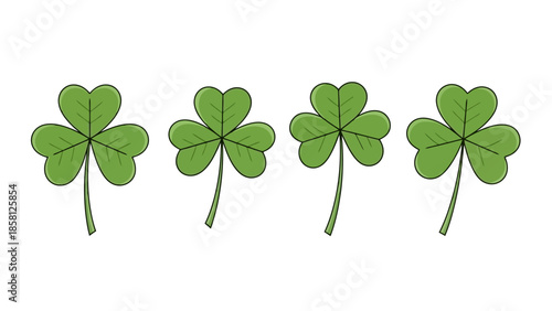 Four green shamrocks arranged in a row against a white background, symbolizing luck and St. Patrick's Day.
