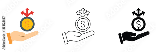 Dynamic illustration of a hand holding a coin with arrows, symbolizing financial distribution, investment, and expense management in business and personal finance