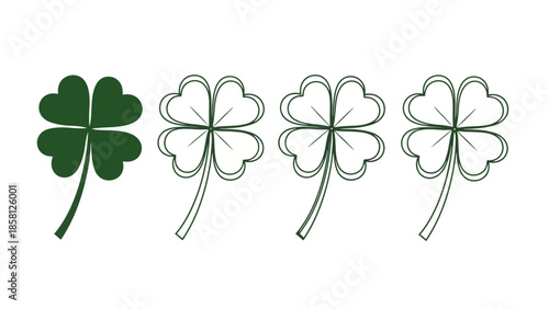 A single dark green four-leaf clover stands out against three outlined four-leaf clovers on a white background.