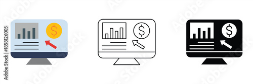 Monitor screen icon displaying financial market decline, business revenue decrease, and economic downturn through a bar chart with a downward trend arrow