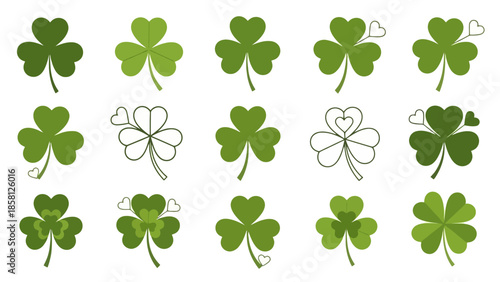 A collection of various green shamrock and clover leaf illustrations with decorative heart elements.