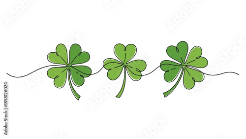 A continuous line drawing of three green shamrocks connected by a single line, symbolizing luck and St. Patrick's Day.