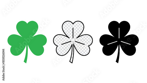 Three shamrock icons in different styles: solid green, outline with transparent fill, and solid black.