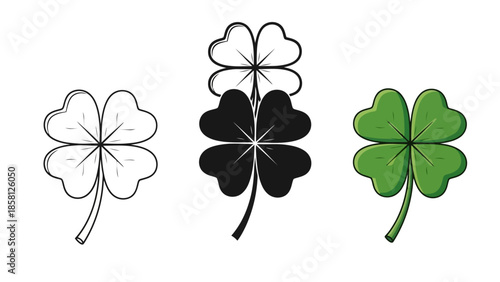 Three stylized illustrations of four-leaf clovers, one in outline, one in black and white, and one in full color.