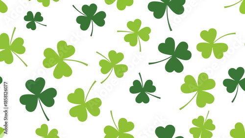 A vibrant and cheerful pattern featuring scattered green shamrocks on a white background, perfect for St. Patrick's Day.