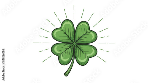 A detailed illustration of a four-leaf clover with radiating lines, a symbol of luck.