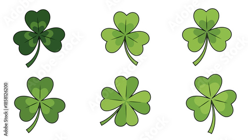 Six green shamrocks with varying shades of green and distinct leaf shapes arranged in two rows.