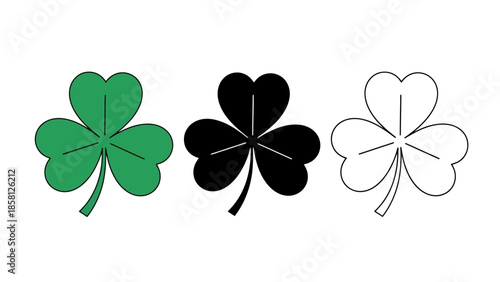 Three shamrocks, one green, one black, and one outlined, representing luck and St. Patrick's Day.