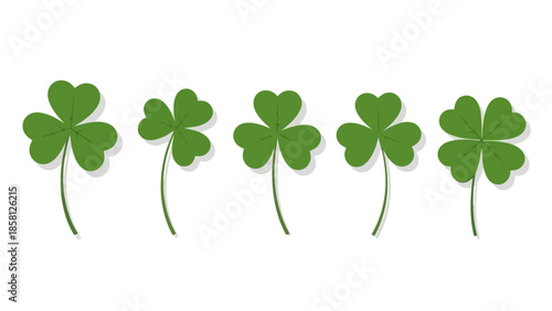 A row of five green shamrocks and a four-leaf clover on a white background.