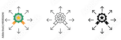 Award-winning star badge icon with outward radiating arrows symbolizing excellence, quality achievement, and widespread recognition or impact in business and success