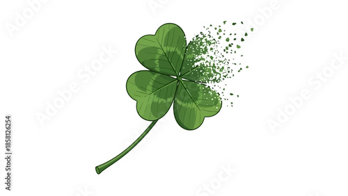 A four-leaf clover is depicted with one leaf disintegrating into small green particles against a white background.