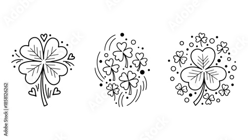 A collection of three black and white line art illustrations of shamrocks and four-leaf clovers, symbolizing luck and St. Patrick's Day.