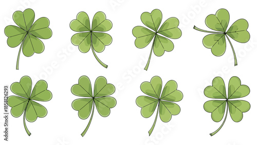 A collection of eight detailed illustrations of green four-leaf clovers, each depicted with slight variations in stem and leaf orientation.