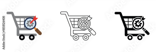 Shopping cart icon with magnifying glass and gear symbolizing e-commerce search optimization, data analysis, and targeted settings for an improved online retail experience