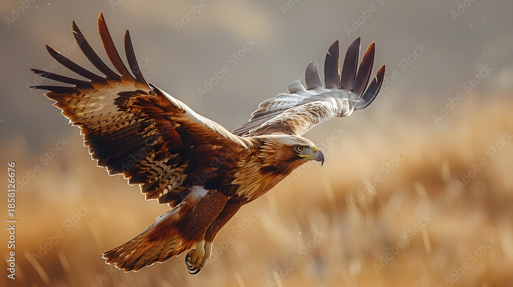 Fototapeta premium Soaring Eagle in Flight Against a Sunlit Background with Open Wings and Detailed Feathers