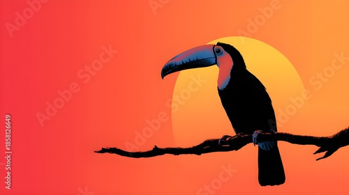Striking silhouette of a tropical toucan perched dramatically upon a dark tree branch against a vibrant, stylized gradient sunset backdrop of intense reds and oranges