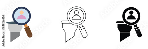 Illustrative icon depicting a magnifying glass identifying a user avatar above a marketing funnel, symbolizing targeted lead generation and efficient customer acquisition processes