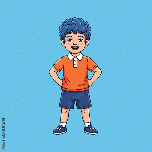 Cartoon Boy Standing Hands on Hips Smiling.