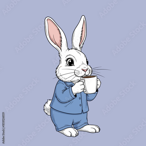 Cartoon Rabbit Drinking from a Mug.