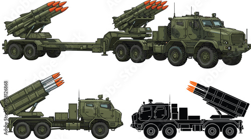 Military rocket launcher vehicles, armored tactical trucks with missile systems, heavy artillery transport, modern defense equipment illustration for security, warfare, and military technology