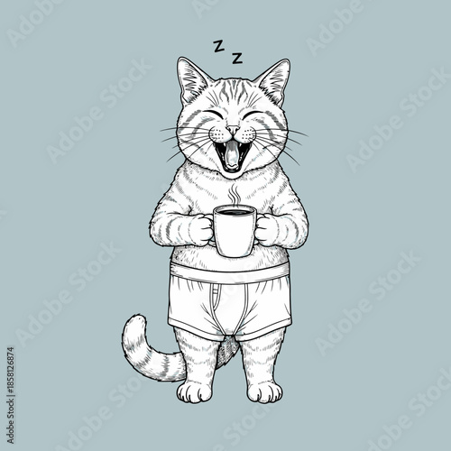 Cat Wearing Pajamas Holding Coffee Mug.