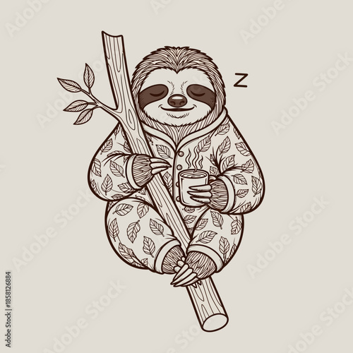 Cartoon Sloth Sitting on Branch Relaxing.