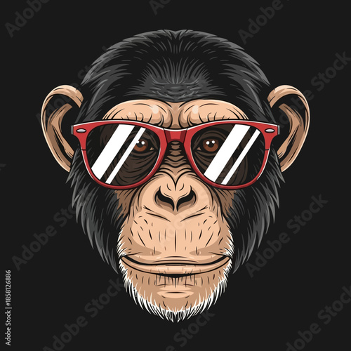 Chimpanzee Wearing Red Sunglasses Closeup Illustration.