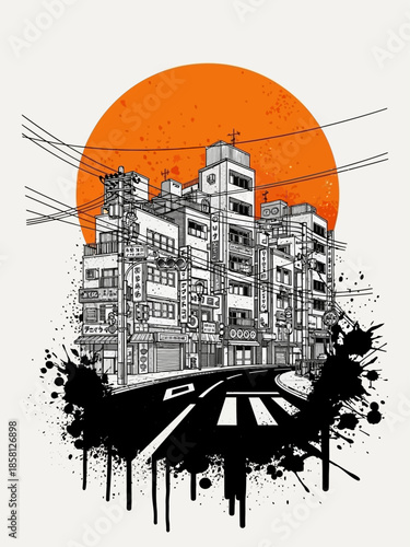 Cityscape with Buildings and Roadway Illustration.