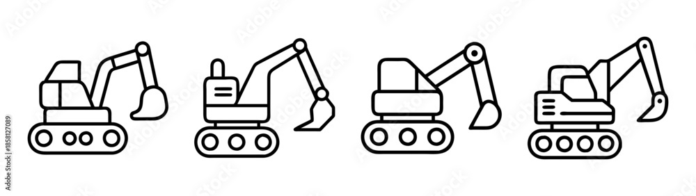 Fototapeta premium Collection of four minimalist excavator outline icons for construction projects