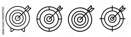 Collection of target icons with arrows hitting the bullseye, symbolizing success and business goals