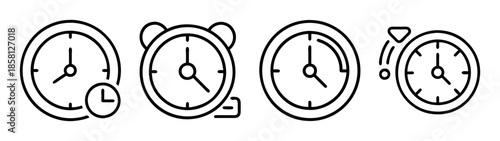 A collection of linear icons representing time management concepts including alarm clock, timer, and history
