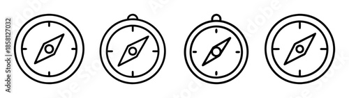 A collection of four black and white line art compass icons for navigation and direction