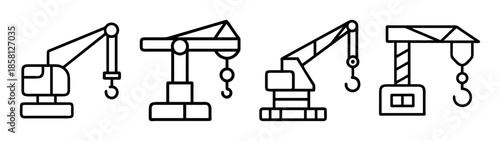 A set of line art icons depicting various types of construction cranes and heavy lifting equipment
