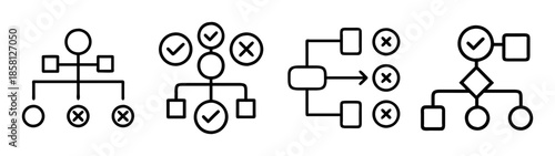 A collection of flowchart and organizational structure icons with pass-fail indicators